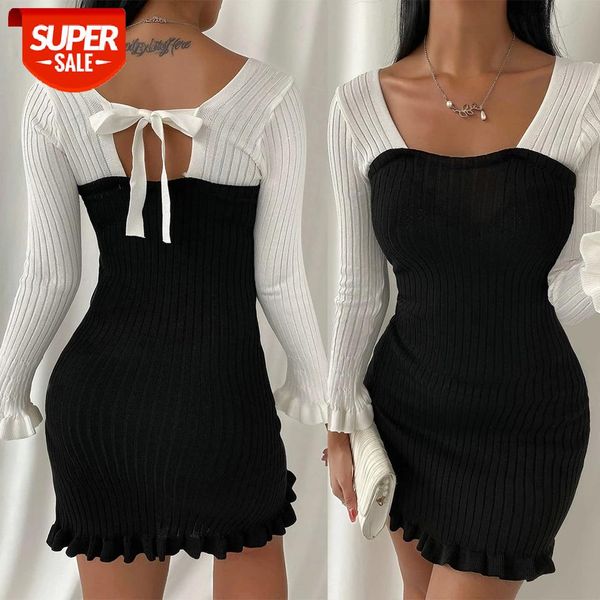 women's elegant close-fitting dress black white patchwork long flared ruffle trim sleeve square collar slim wild mini #fo2j, White;black
women's elegant close-fitting dress black white patchwork long flared ruffle trim sleeve square collar slim wild mini #fo2j, White;black