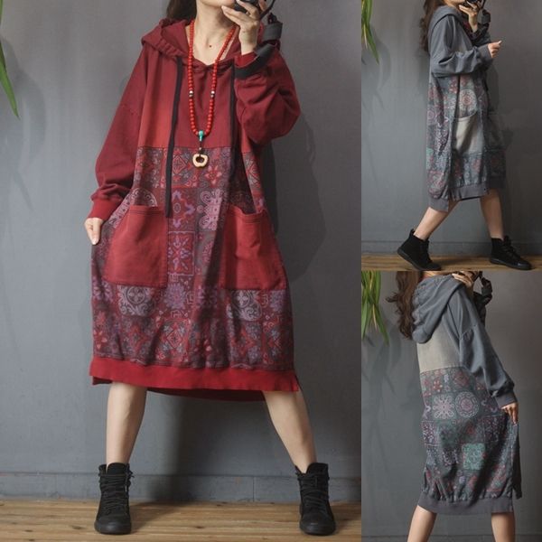female hooded vintage winter shirt printed midi dress cotton of large size for loose-dressed laides with pockets, Black;gray
female hooded vintage winter shirt printed midi dress cotton of large size for loose-dressed laides with pockets, Black;gray