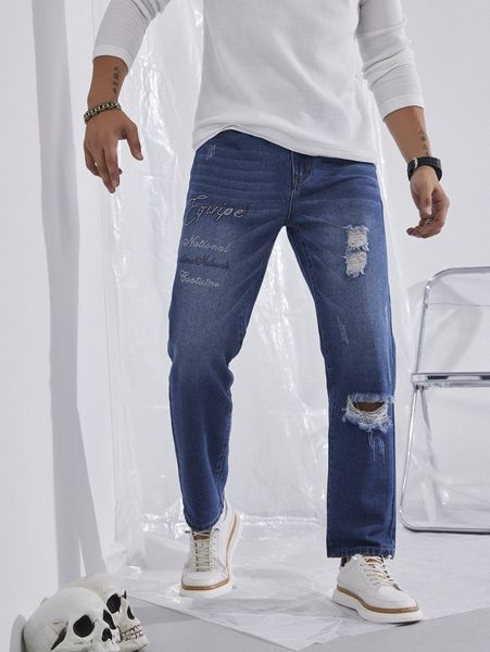 men ripped cat whisker rhinestone letter pattern jeans f2xy#, Blue