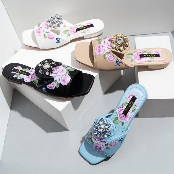 women's shoes 2021 summer flower rhinestone thick heel women sandals low and slippers, Black