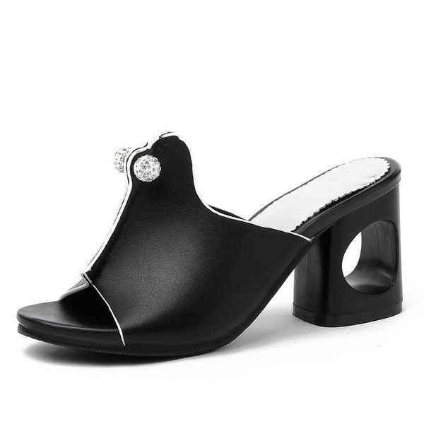 women slippers pu solid high square heels open toe large size crystal outside fashion concise lady mules shoes, Black
women slippers pu solid high square heels open toe large size crystal outside fashion concise lady mules shoes, Black