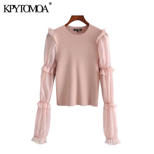 women fashion organza patchwork knitted sweater vintage see through sleeve ruffle stretch pullovers chic 210416, White;black
women fashion organza patchwork knitted sweater vintage see through sleeve ruffle stretch pullovers chic 210416, White;black