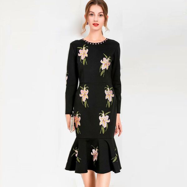 women's dresses o neck long sleeves embroidery beaded rhinestones ruffles mermaid dress vestidos, Black
women's dresses o neck long sleeves embroidery beaded rhinestones ruffles mermaid dress vestidos, Black