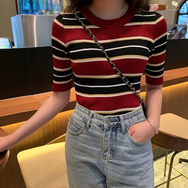 women's t-shirt 2021 women autumn stripes print slim short sleeved round neck knit sweater half sleeve bottom, White
women's t-shirt 2021 women autumn stripes print slim short sleeved round neck knit sweater half sleeve bottom, White