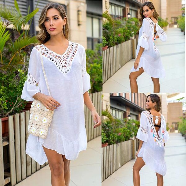 women beach cover up small fresh fringed open-back hollow out blouse crochet lace tassels swimwear beachwear bathing women's, White;black
women beach cover up small fresh fringed open-back hollow out blouse crochet lace tassels swimwear beachwear bathing women's, White;black