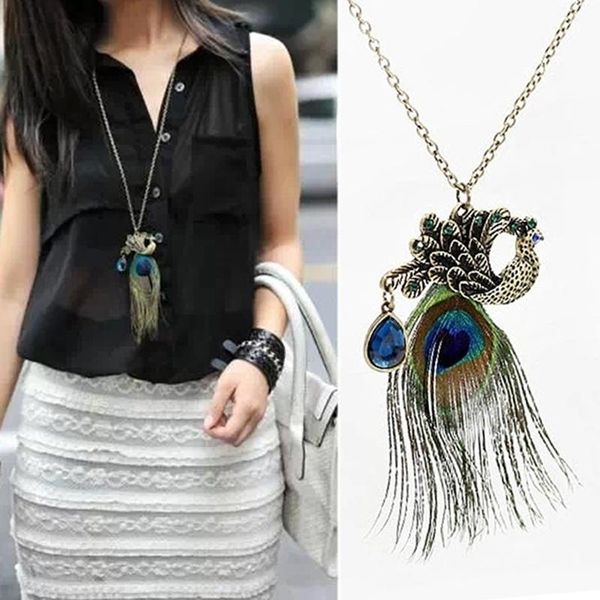 pendant necklaces women's necklace elegant retro peacock feather crystal long sweater chain fashion clavicle metal lady jewelry, Silver
pendant necklaces women's necklace elegant retro peacock feather crystal long sweater chain fashion clavicle metal lady jewelry, Silver