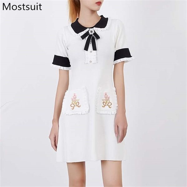 summer vintage korean knitted mini dress women short sleeve bowtie pockets embroidered fashion elegant ladies dresses mujer 210513, Black;gray
summer vintage korean knitted mini dress women short sleeve bowtie pockets embroidered fashion elegant ladies dresses mujer 210513, Black;gray