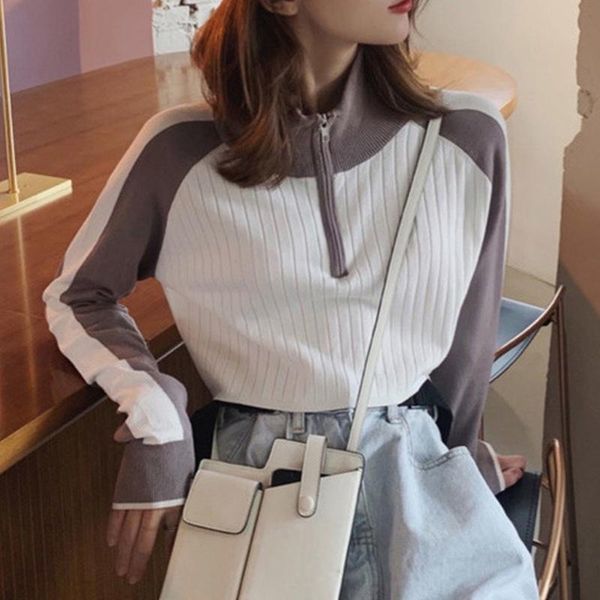 women's t-shirt women casual front zip-up pullover ladies contrast color long sleeve rib knit tee spring autumn female clothing, White
women's t-shirt women casual front zip-up pullover ladies contrast color long sleeve rib knit tee spring autumn female clothing, White