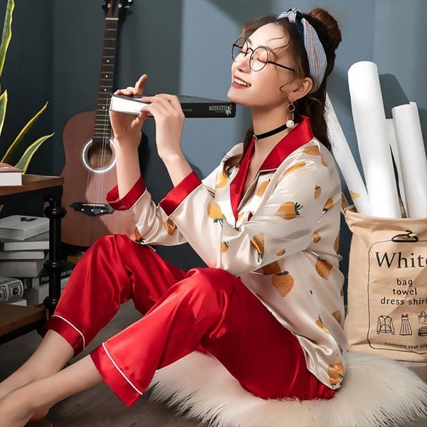 pajamas faux silk satin set womens sleepwears fruit flower print long sleeves 2 piece autumn winter homewear suit, Black;red
pajamas faux silk satin set womens sleepwears fruit flower print long sleeves 2 piece autumn winter homewear suit, Black;red