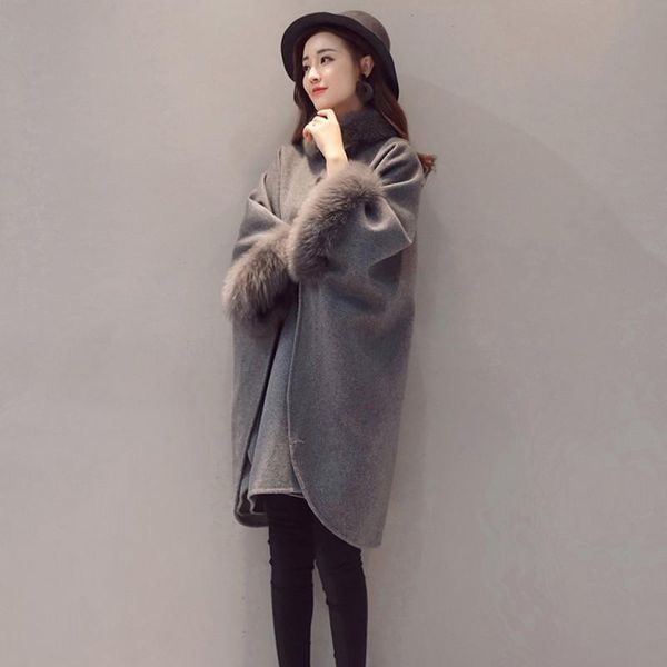 women's wool & blends high street bat style cloak medium length womens woolen fashion detachable fur collar flare sleeve autumn winter, Black
women's wool & blends high street bat style cloak medium length womens woolen fashion detachable fur collar flare sleeve autumn winter, Black