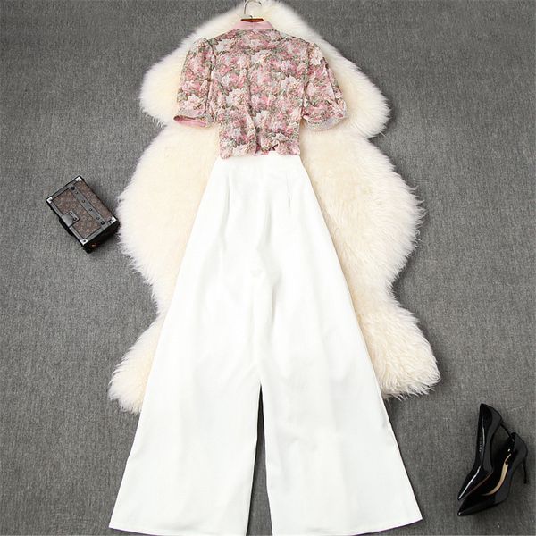 mode summer suit piece of female runway clothing designers short bow floral collar chiffon blouse and pants, White;black
mode summer suit piece of female runway clothing designers short bow floral collar chiffon blouse and pants, White;black