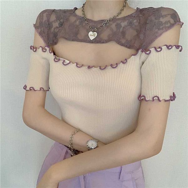 women's sweaters lace patchwork short sleeve chest hollowed-out wooden ear knit top, White;black
women's sweaters lace patchwork short sleeve chest hollowed-out wooden ear knit top, White;black