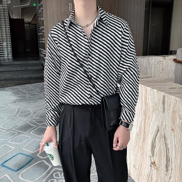 men's casual shirts fashion men dress shirt luxury long sleeve striped printed lapel loose streetwear blouse party clubwear korean casm, White;black
men's casual shirts fashion men dress shirt luxury long sleeve striped printed lapel loose streetwear blouse party clubwear korean casm, White;black