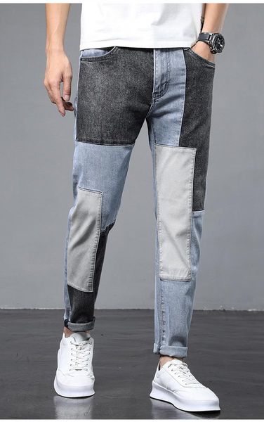 men's jeans fashion color matching hip hop slim fit elastic splicing small straight leg pants personality trend beggar, Blue
men's jeans fashion color matching hip hop slim fit elastic splicing small straight leg pants personality trend beggar, Blue
