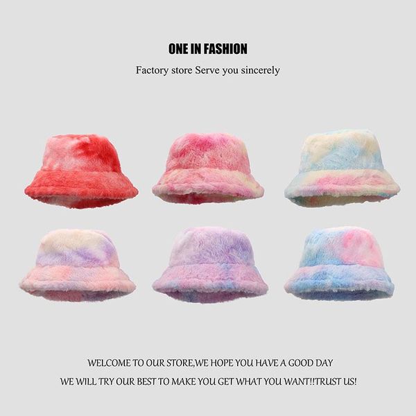 wide brim hats autumn and winter women fisherman hat south korean version tie-dyed rainbow plush fashion warm, Blue;gray