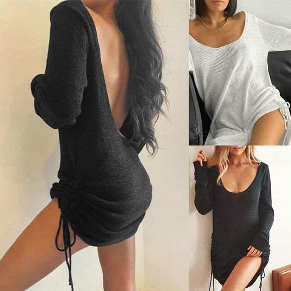 long sleeve woman sweaters solid knitting u-neck backless sweater dress for women women's, White;black
long sleeve woman sweaters solid knitting u-neck backless sweater dress for women women's, White;black