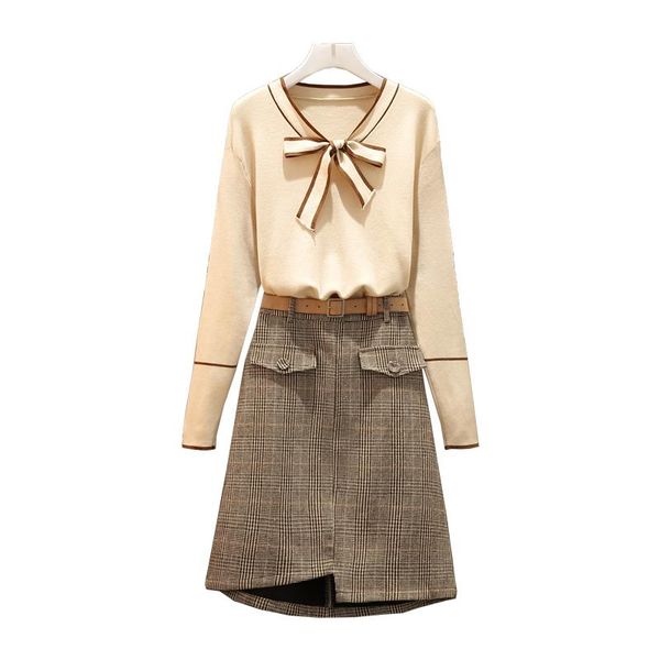 two piece dress plus size boutique women's autumn and winter knit was thin bow-knot korean fashion trend simple elegant two-piece, White
two piece dress plus size boutique women's autumn and winter knit was thin bow-knot korean fashion trend simple elegant two-piece, White
