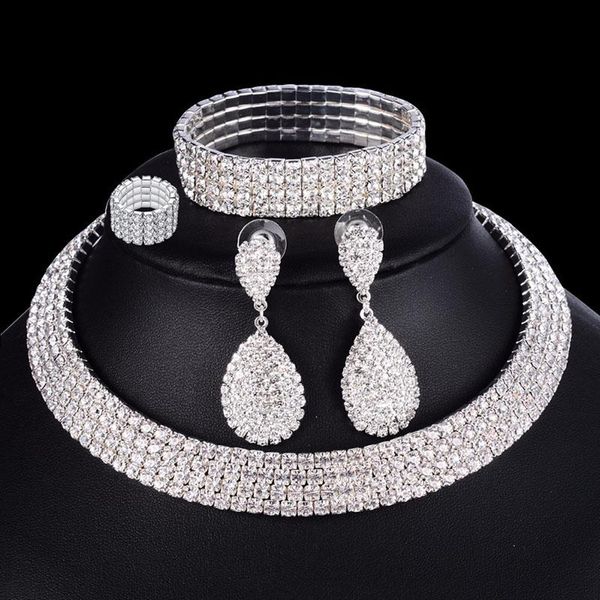earrings & necklace 4 pcs luxury wedding bridal jewelry sets for women bracelet ring earring set elastic rope crystal, Silver