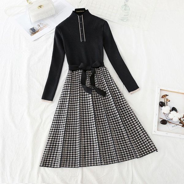 casual dresses autumn winter patchwork plaid knitted dress women pullover half high collar slim waist a-line midi with belt vestidos, Black;gray
casual dresses autumn winter patchwork plaid knitted dress women pullover half high collar slim waist a-line midi with belt vestidos, Black;gray