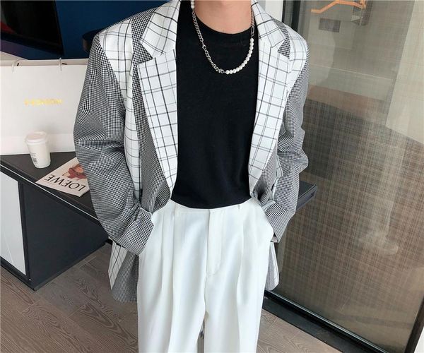 men's suits & blazers 2021 fashion trend korean blazer men gray plaid stitching contrast color design hombre mens vintage, White;black
men's suits & blazers 2021 fashion trend korean blazer men gray plaid stitching contrast color design hombre mens vintage, White;black