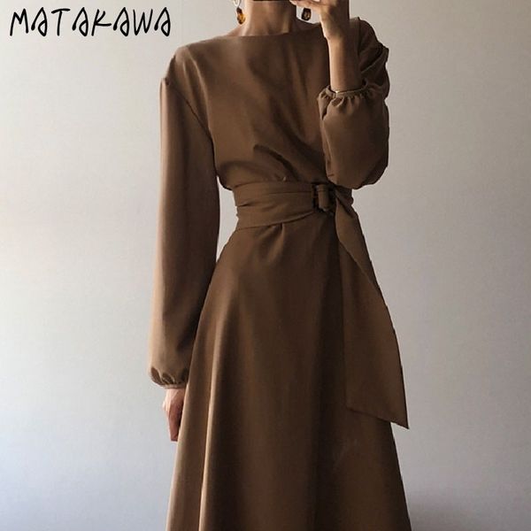 matakawa hepburn style round neck women's dress korean autumn pure color robe slim waist elegant long dresses 210513, Black;gray 
matakawa hepburn style round neck women's dress korean autumn pure color robe slim waist elegant long dresses 210513, Black;gray
