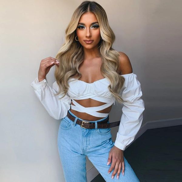 women's t-shirt summer fashion point crop navel back bow bandage long sleeve hanging high street wear strapless vest, White
women's t-shirt summer fashion point crop navel back bow bandage long sleeve hanging high street wear strapless vest, White