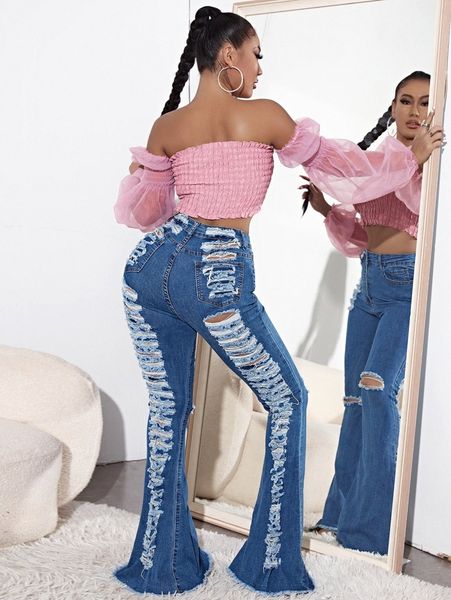 sxy high waist ripped raw hem flare leg jeans 189k#, Blue
sxy high waist ripped raw hem flare leg jeans 189k#, Blue