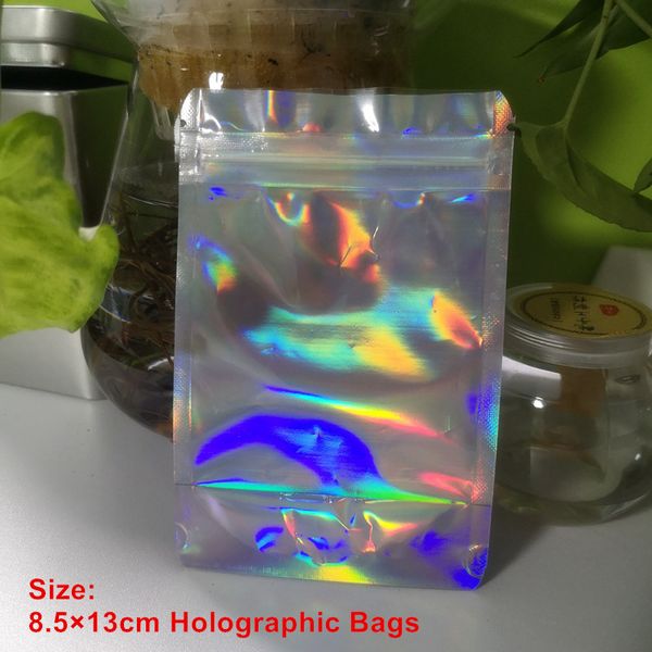 

New Arrival 8.5x 13cm PET Holographic Accessories Storage Color Flat Zipper Bags Laser Mylar Pouch Reusable Aluminum Foil Food Safe Bags
