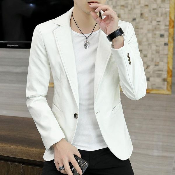 men's suits & blazers coo 2021 slim pu leather suit youth handsome double buckle solid color leisure blazer, White;black
men's suits & blazers coo 2021 slim pu leather suit youth handsome double buckle solid color leisure blazer, White;black