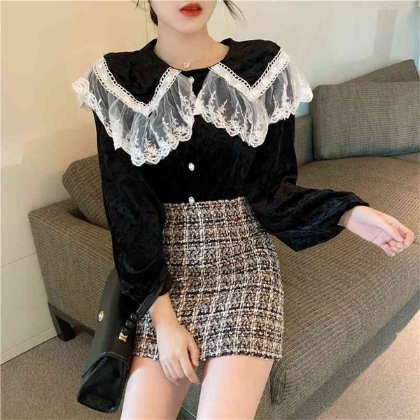 women puff sleeve shirt korean lace stitching double-layer peter pan collar velvet blouse super fairy blusa female gx1200 210506, White
women puff sleeve shirt korean lace stitching double-layer peter pan collar velvet blouse super fairy blusa female gx1200 210506, White