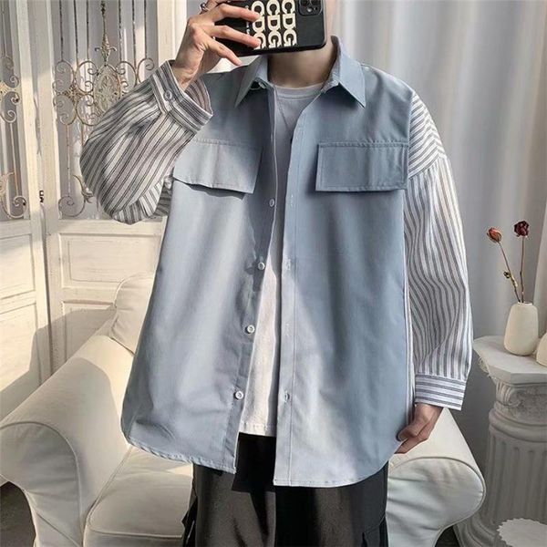 men's casual shirts for men 2021 turn-down collar stripe patchwork korean fashion clothes loose single-breasted chemises pour hommes, White;black
men's casual shirts for men 2021 turn-down collar stripe patchwork korean fashion clothes loose single-breasted chemises pour hommes, White;black