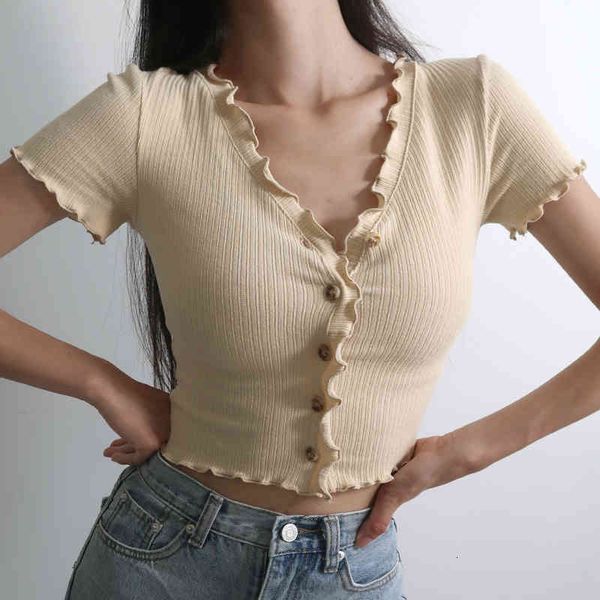 women's t-shirt v neck stringy selvedge button woman crop high waist short slim sleeve cardigan summer ladies t-shirt 19, White
women's t-shirt v neck stringy selvedge button woman crop high waist short slim sleeve cardigan summer ladies t-shirt 19, White