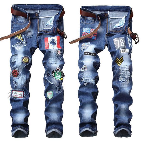 mens ripped blue jeans trendy slimming elastic denim pants patched prints casual jeans men daily long pants. x0621
mens ripped blue jeans trendy slimming elastic denim pants patched prints casual jeans men daily long pants. x0621