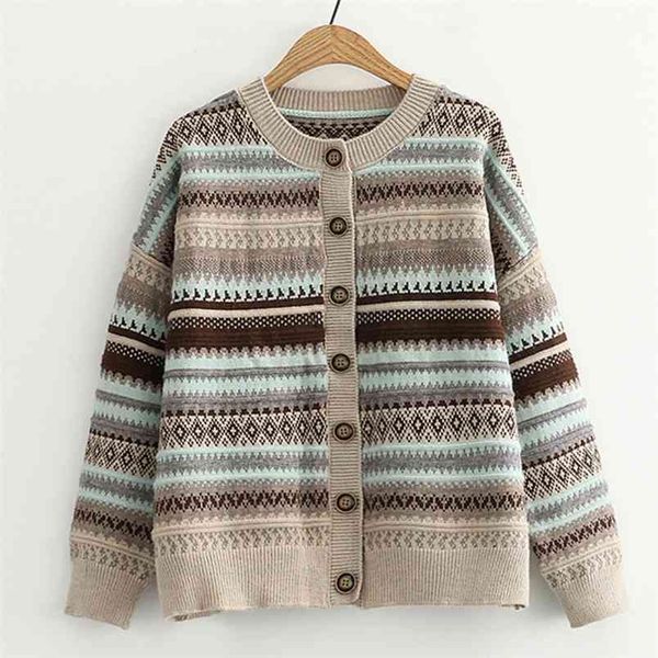 fall winter korean women cardigan coat loose vintage jacquard thick warm knitted sweater striped buttons pull femme 210514, White;black
fall winter korean women cardigan coat loose vintage jacquard thick warm knitted sweater striped buttons pull femme 210514, White;black