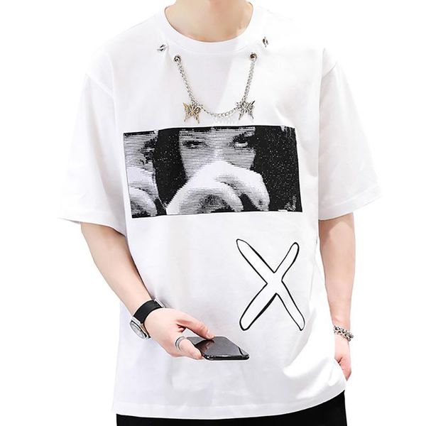 men's t-shirts 2021 summer portrait printed the chain decoration streetwear, White;black
men's t-shirts 2021 summer portrait printed the chain decoration streetwear, White;black