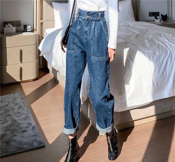 women's jeans 2021 spring and autumn high waist pocket roll edge slim pants baggy wide-leg dad ladies, Blue
women's jeans 2021 spring and autumn high waist pocket roll edge slim pants baggy wide-leg dad ladies, Blue