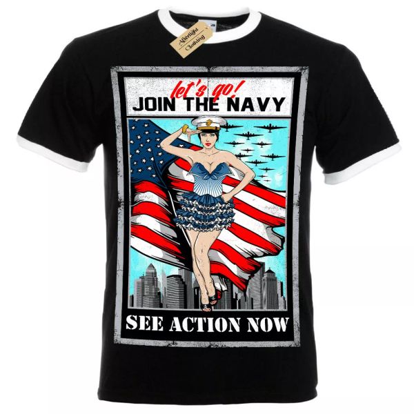 ee.uu. azul marino camiseta pinup let's go únete a hombre ringer, White;black
ee.uu. azul marino camiseta pinup let's go únete a hombre ringer, White;black