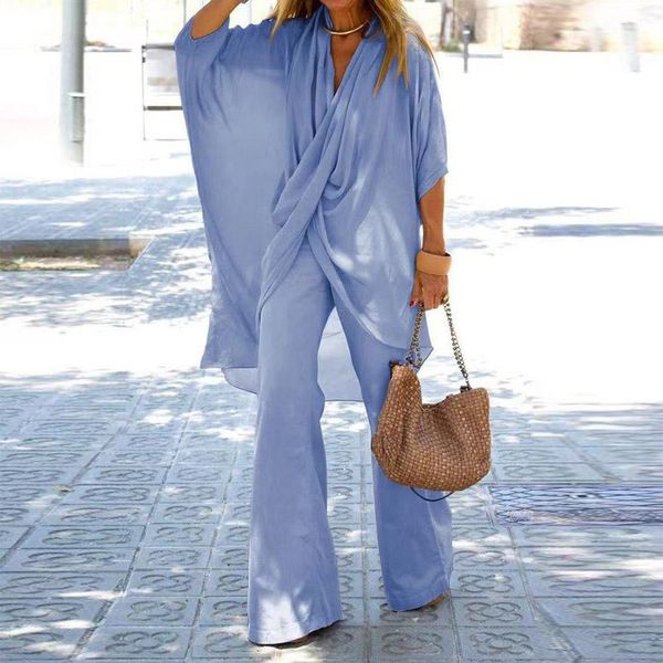 women's two piece pants deep v neck pleated irregular long sleeve shirt and flare suit casual loose solid women 2 sets spring lady, White
women's two piece pants deep v neck pleated irregular long sleeve shirt and flare suit casual loose solid women 2 sets spring lady, White