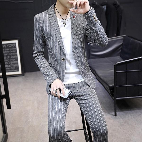 spring men's slim vertical stripes handsome suit youth fashion single button casual two pieces suits & blazers, White;black
spring men's slim vertical stripes handsome suit youth fashion single button casual two pieces suits & blazers, White;black