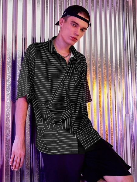 men letter & striped print shirt 69uu#, White;black 
men letter & striped print shirt 69uu#, White;black