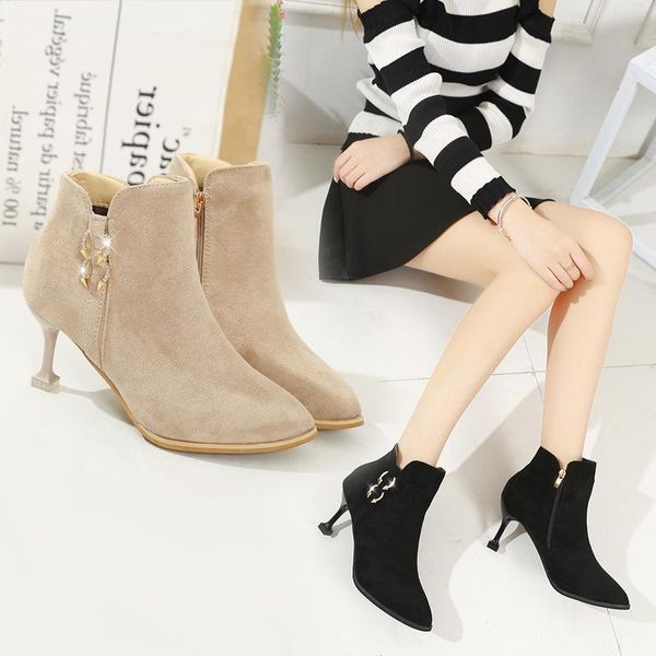 boots short cat heel pointed high winter women's bare slim plush, Black 
boots short cat heel pointed high winter women's bare slim plush, Black