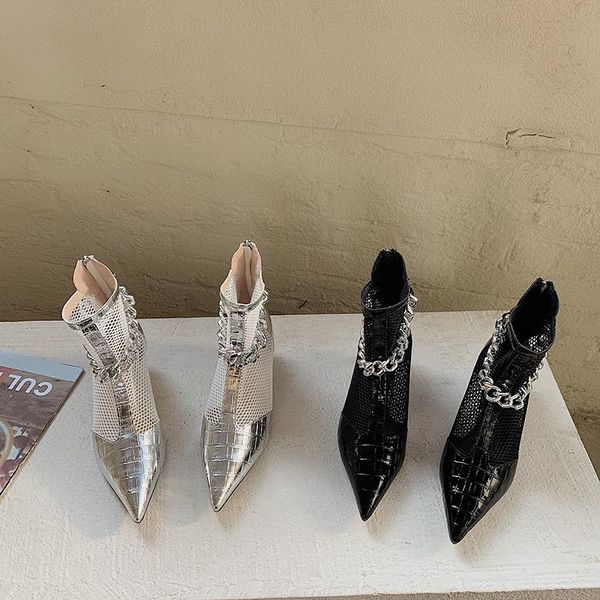 boots air mesh women pointed toe hollow silver/black thin low heels metal chain side zipper closed summer 35-39
boots air mesh women pointed toe hollow silver/black thin low heels metal chain side zipper closed summer 35-39