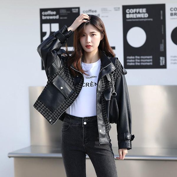 women's leather & faux 2021 autumn female fashion patchwork plaid jacket women stylish pu casual slim motorcycle coats x621, Black
women's leather & faux 2021 autumn female fashion patchwork plaid jacket women stylish pu casual slim motorcycle coats x621, Black