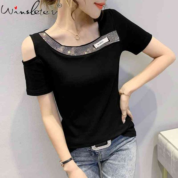 women's t-shirt summer korean clothes cotton fashion skew collar off shoulder shiny diamonds women short sleeve tees t15405a, White
women's t-shirt summer korean clothes cotton fashion skew collar off shoulder shiny diamonds women short sleeve tees t15405a, White