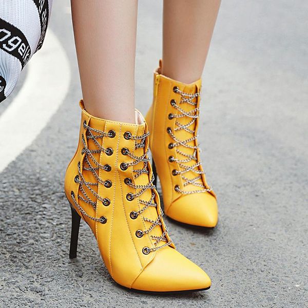 boots 10cm high heels women fashion chain stiletto pointed toe ankle woman plus size leather zapatos de mujer, Black
boots 10cm high heels women fashion chain stiletto pointed toe ankle woman plus size leather zapatos de mujer, Black