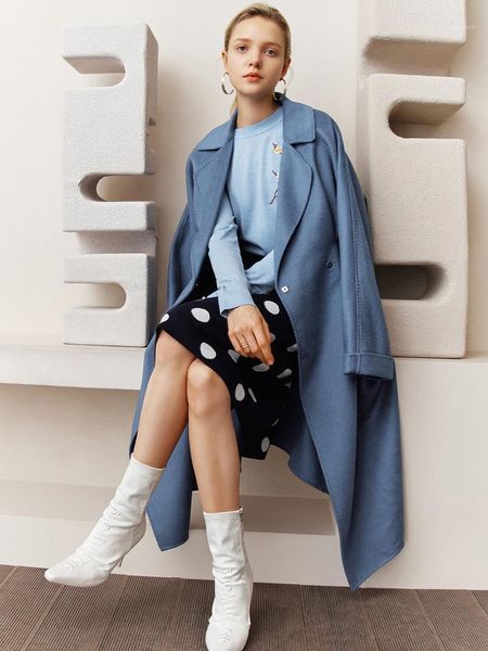 women's wool & blends haze blue loose lace up woolen coat in autumn 2021, Black
women's wool & blends haze blue loose lace up woolen coat in autumn 2021, Black