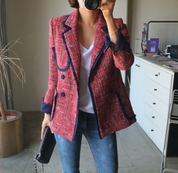 double red breasted suit outerwear female women blazers and jackets casual chic british tassel patchwork tweed autumn coats, Black;brown
double red breasted suit outerwear female women blazers and jackets casual chic british tassel patchwork tweed autumn coats, Black;brown