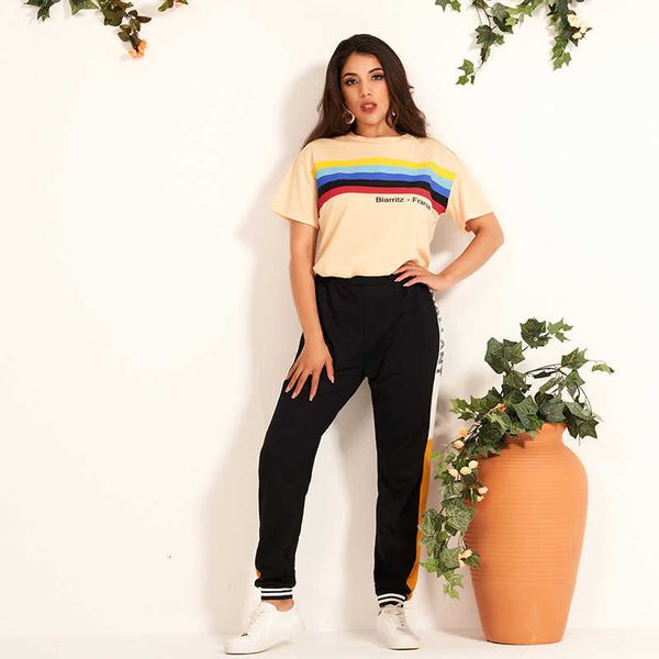 women's two piece pants spring ladies fashion raiow printed short-sleeved t-shirt color matching letters sports trousers women sui, White
women's two piece pants spring ladies fashion raiow printed short-sleeved t-shirt color matching letters sports trousers women sui, White