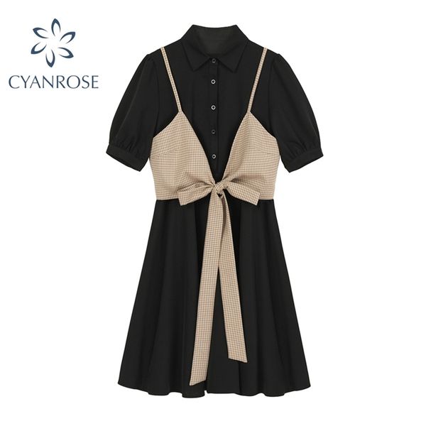 fashion short sleeve women's dress with bow strap vest casual elegant high waist mori girl korean summer shirt 210430, Black;gray
fashion short sleeve women's dress with bow strap vest casual elegant high waist mori girl korean summer shirt 210430, Black;gray