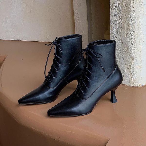 boots genuine leather women fashion lace-up ankle pointed toe thin heels modern handmade shoes cross-tied, Black
boots genuine leather women fashion lace-up ankle pointed toe thin heels modern handmade shoes cross-tied, Black
